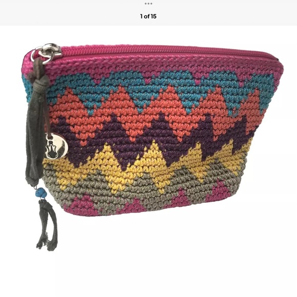 The Sak Crochet Wallet Pouch Zig Zag Chevron Boho Metal Charm Tassel Multicolor - Picture 1 of 12